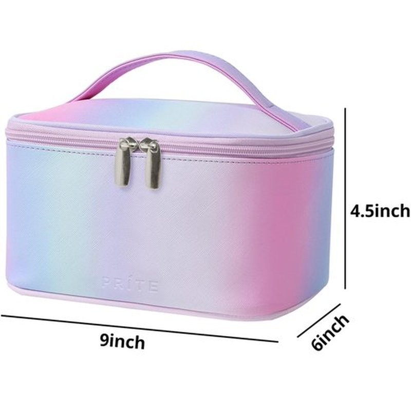 Makeup Bag Portable Travel Cosmetic Bag for Women, Beauty Zipper Makeup Organizer PU Leather Washable Waterproof（Rainbow Pink)