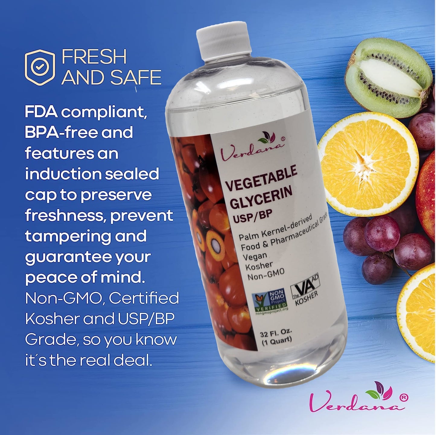 Verdana Vegetable Glycerin – USP, Food Grade, Palm-Derived, Soy-Free – Liquid Glycerin for Personal Care, Cosmetic & Formulation Use – Non-GMO, Vegan – 32 fl oz