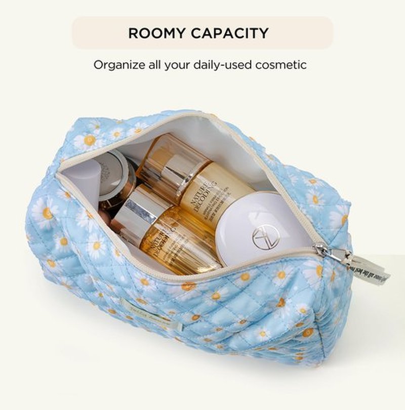 HBselect Quilted Makeup Bag, 3PCS Cotton Large Travel Makeup Bag, Cute Floral Coquette Make up Bag Cosmetic Bag Toiletry Bag for Women Girls