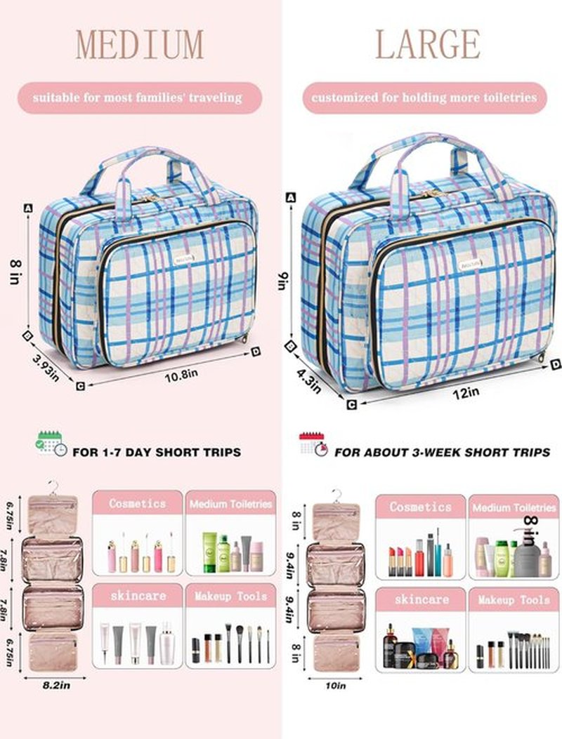 BALULHG Toiletry Bag Travel with Hanging Hook, Water-resistant Cosmetic Makeup Bag Organizer for Shampoo, Full Sized Container, Toiletries，Plaid-blue-L