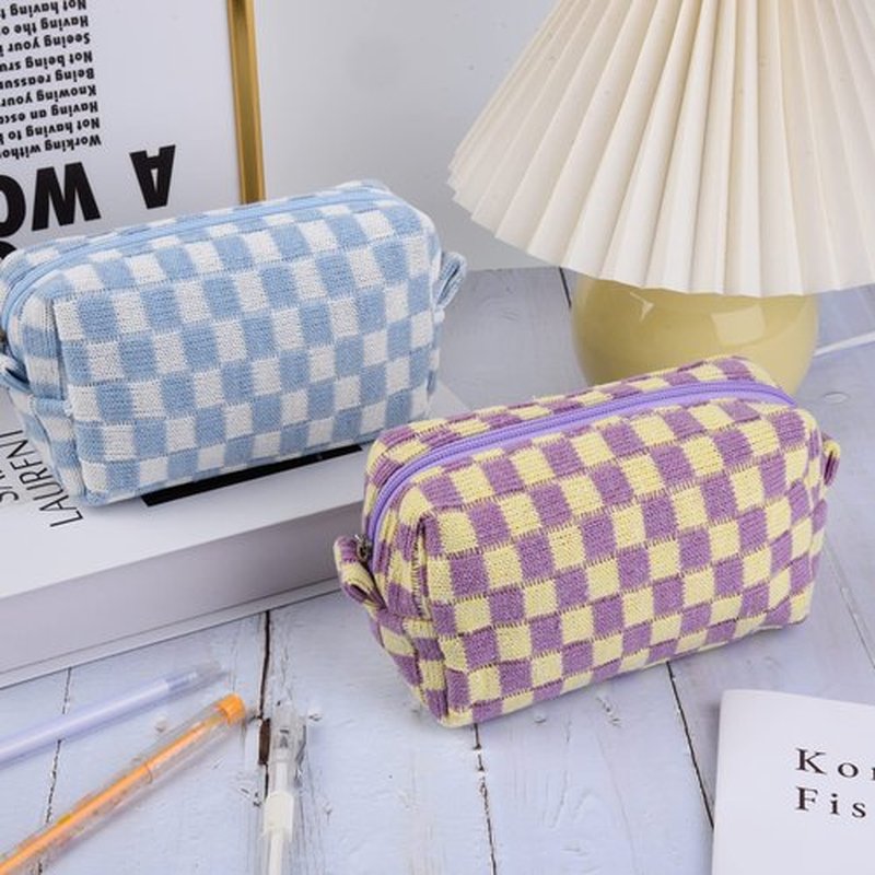 SOIDRAM 2 Pieces Makeup Bag Checkered Cosmetic Bag Purple Blue Makeup Pouch Travel Toiletry Bag Organizer Cute Makeup Brushes Storage Bag for Women