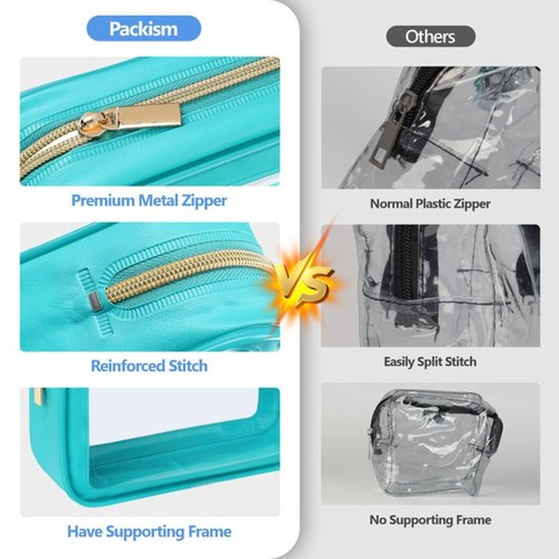 PACKISM TSA Approved Toiletry Bag - 3 Pack Upgrade Color-Edged Clear Makeup Bag, Clear Toiletry Bag For Traveling Fits Various Storage Needs, Turquoise