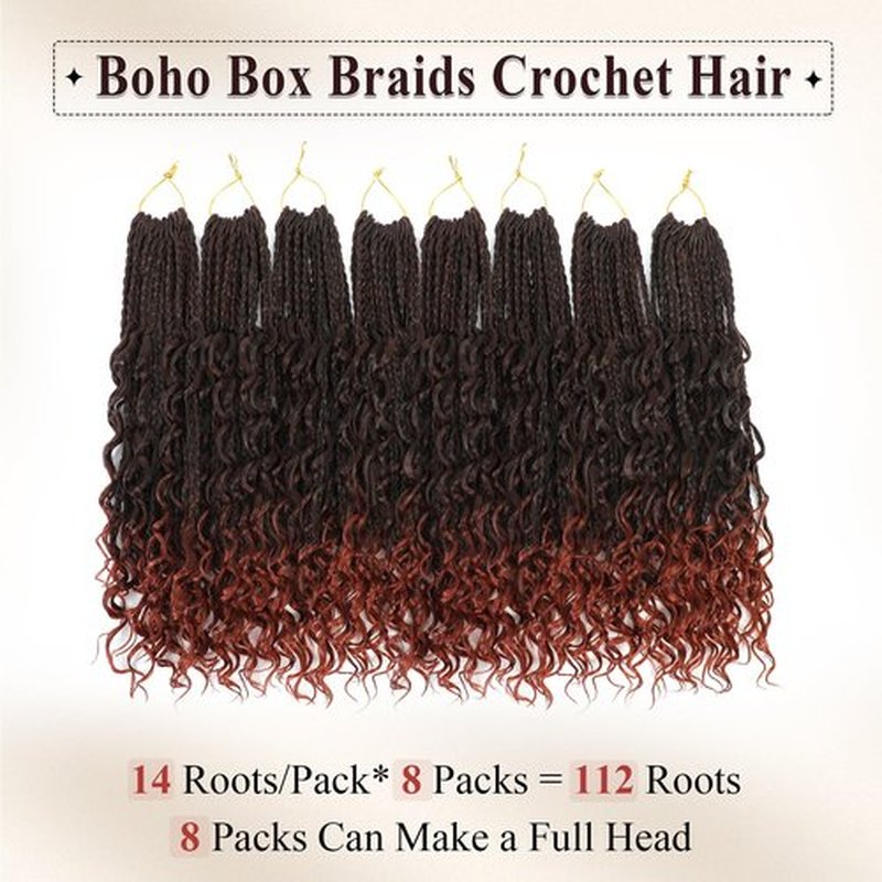 Boho Box Braids Crochet Hair 8 Packs Boho Crochet Braids Pre Looped 1B/350 Goddess Box Braids Crochet Hair for Black Women 14 Inch Boho Braids Crochet Hair Extension