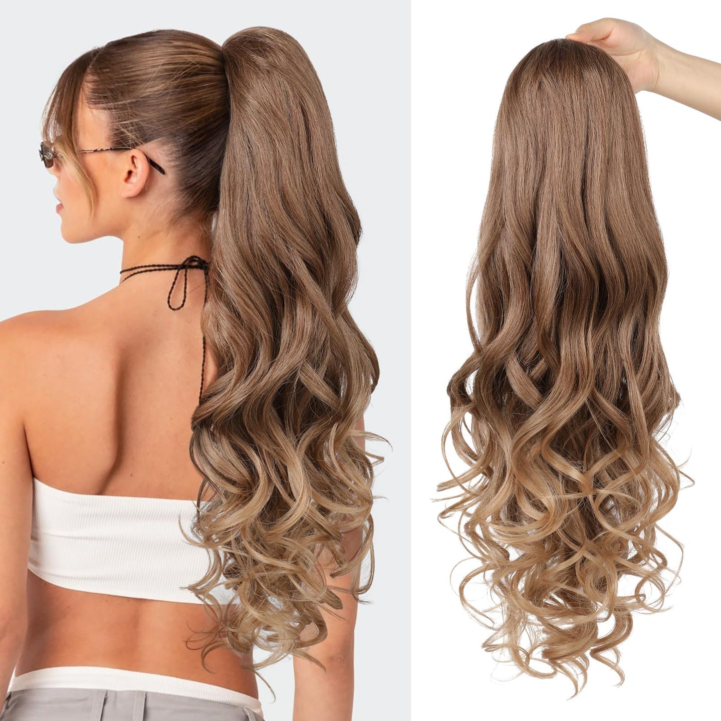 Ponytail Extension, Behufun Long Wavy Drawstring Ponytail 26" Clip in Hair Extensions Ponytail Fake Pony Tails Hair Extensions Natural Soft Heat Resistant Synthetic Hairpiece for Women Brown to Blonde