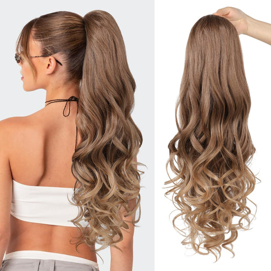 Ponytail Extension, Behufun Long Wavy Drawstring Ponytail 26" Clip in Hair Extensions Ponytail Fake Pony Tails Hair Extensions Natural Soft Heat Resistant Synthetic Hairpiece for Women Brown to Blonde