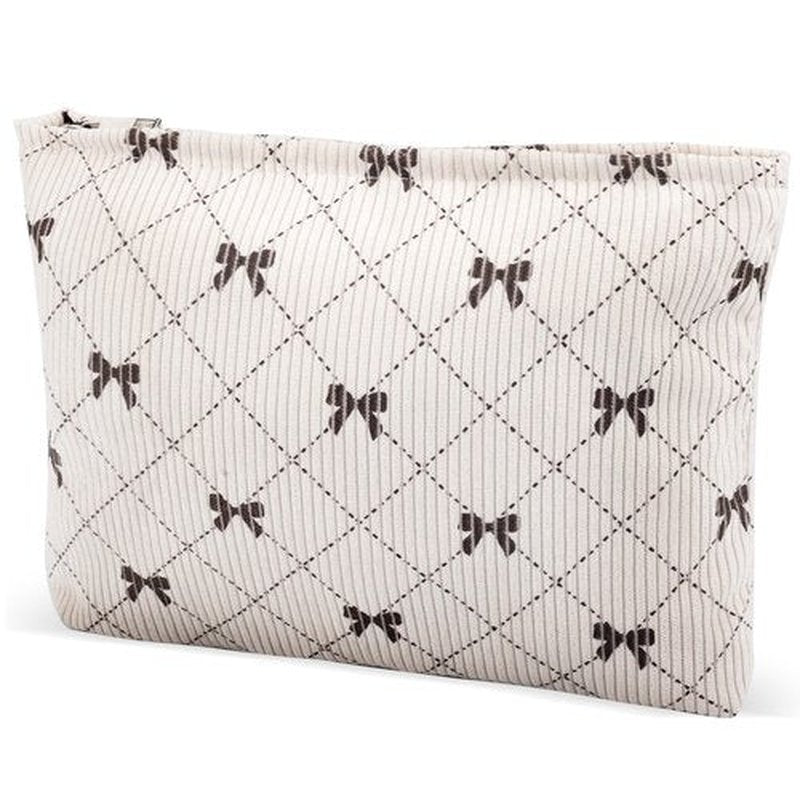 ZLFSRQ Corduroy Makeup Bag for Women Preppy Large Capacity Cosmetic Bag Travel Toiletry Organizer Pouch for Purse Zipper Makeup Brushes Storage Tote Bag Cute Y2K Aesthetic Essentials Bag（Khaki Bow）