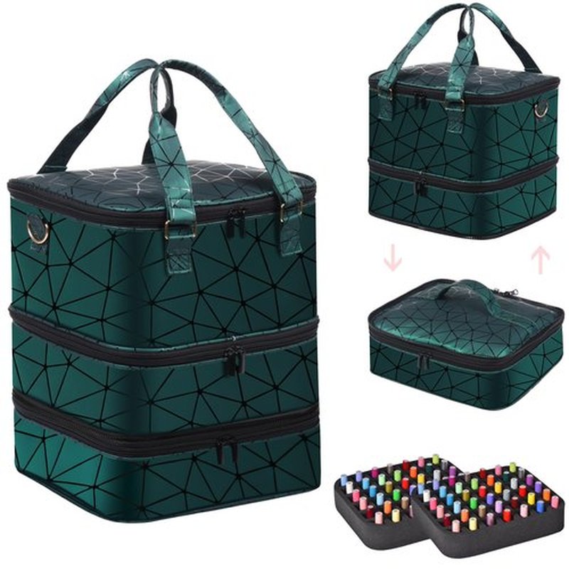 FCQQYWZ Large Nail Polish Organizer Case Hold 84+ Bottles Nail Polish & Nail Lamp, 3 Layers Nail Organizers and Storage for Nail Tech with Divider, Travel Carrying Case for Nail Polish Kit Set(Green)