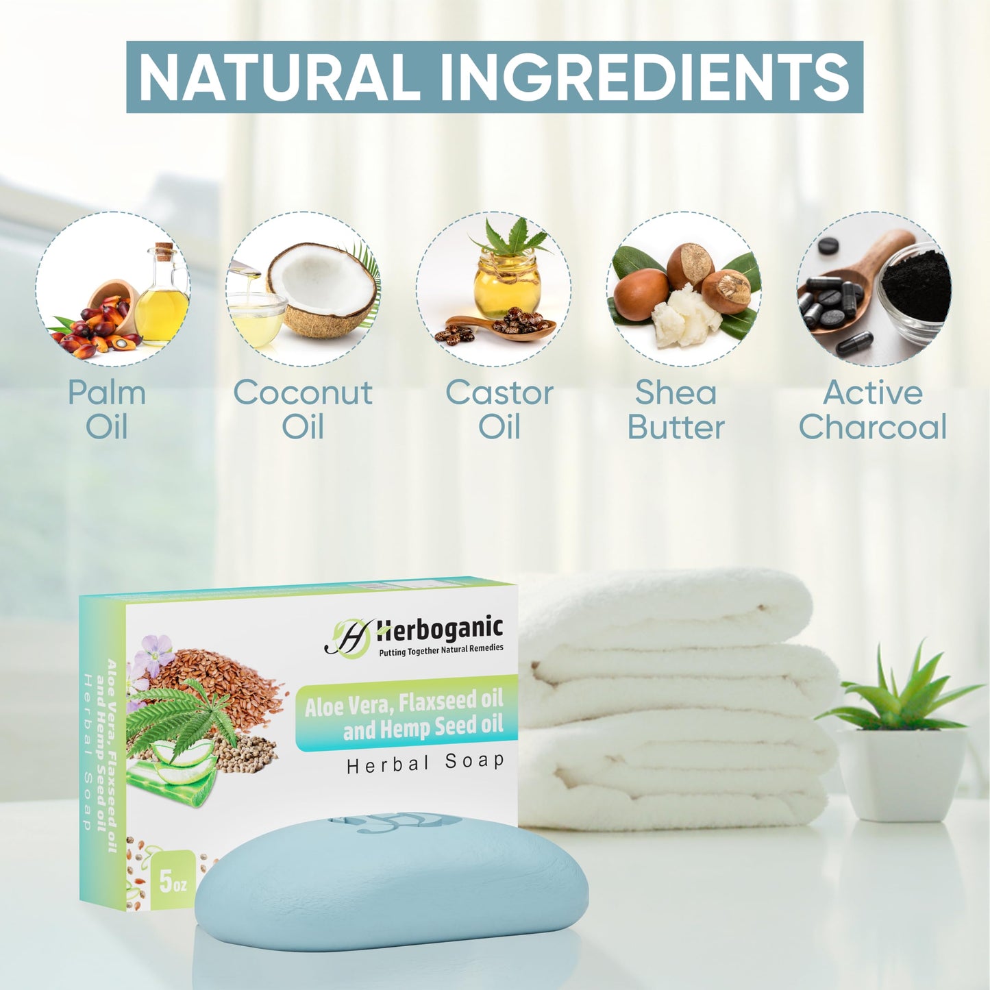 HERBOGANIC Aloe Vera Flaxseed and Hemp seed Herbal Soap | Pack of 3 of 5oz soap Bar | Natural Bar Soap for Face and Body | Hydrating and Nourishing | Suitable for Men and Women