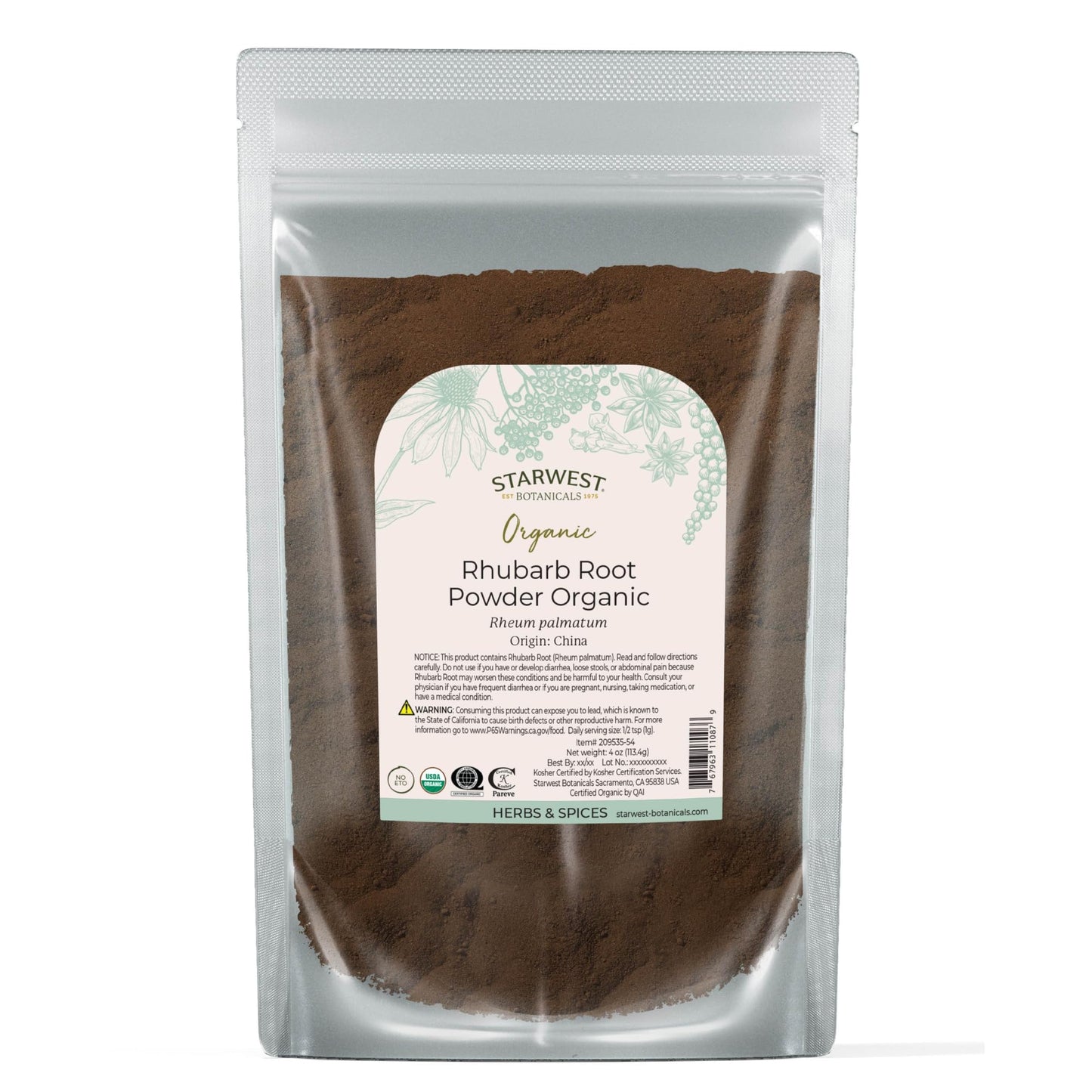 Starwest Botanicals Rhubarb Root Powder Organic - Dried Herb for Tea, Baking, & Herbal Blends, Pure Rheum Palmatum, Certified Kosher, Non-GMO - 4 oz Pouch
