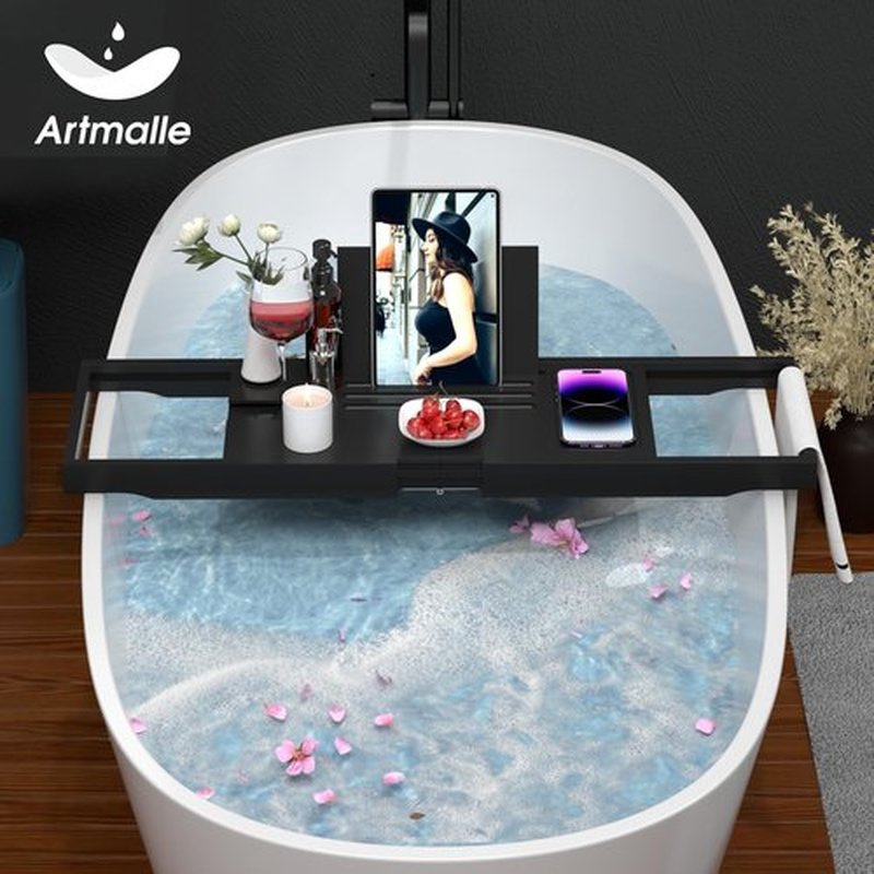 Artmalle Bathtub Tray for Tub, Expandable Bamboo Bath Caddy Tray with Book Stand for Home Spa Relaxing, Foldable Minimalist Bathroom Accessories for Women Men (Simple, Black)