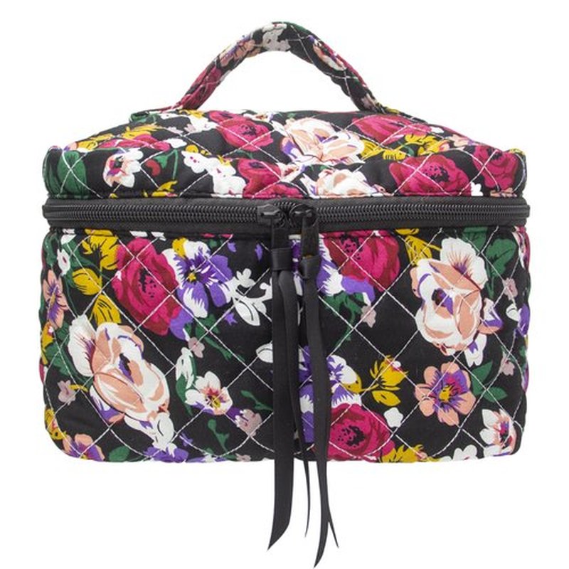PAZIMIIK Cotton Makeup Bag for Women Large Quilted Travel Cosmetic Case Girls' Make Up Organizer,Floral Black