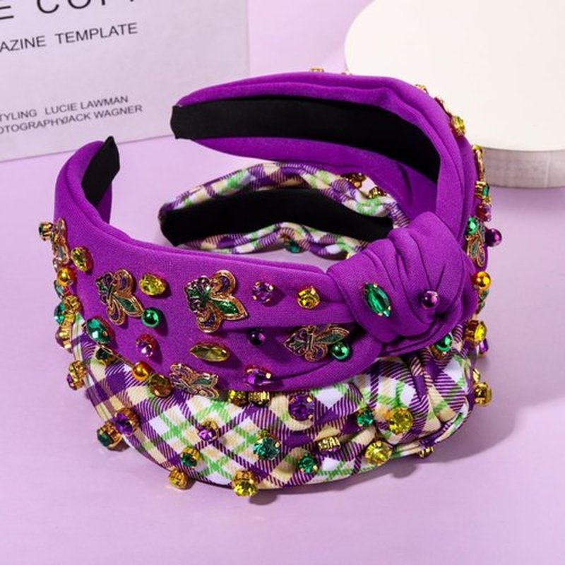 CEALXHENY 2PCS Mardi Gras Headband for Women Fleur De Lis Mask Headband Purple Jeweled Rhinestone Pearl Top Knot Headband Carnival Mardi Gras Accessories Outfits Parade Party Favors Gifts