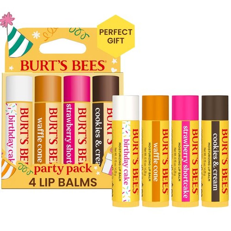 Burt's Bees Lip Balm Stocking Stuffers, Party Pack - Birthday Cake, Waffle Cone, Strawberry Shortcake, and Cookies & Cream, All Day Moisturizer, Tint-Free, Natural Origin Treatment (4-Count Pack of 1)