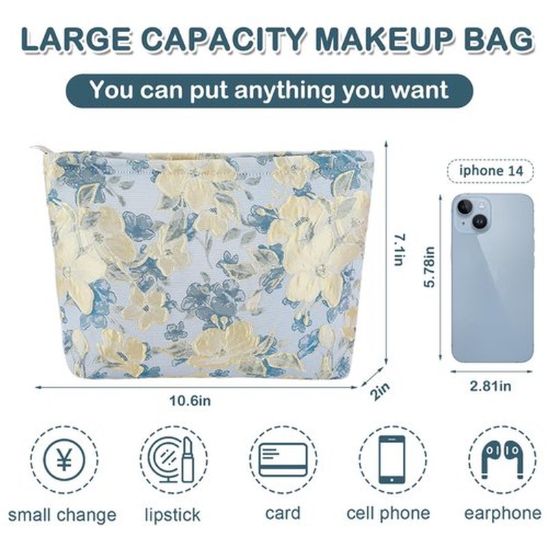 ZLFSRQ Flower Makeup Bag for Women Girls Travel Cute Floral Cosmetic Bags Large Cosmetic Pouch Purse with Zipper Portable Toiletry Bag Aesthetic Embossed Blue Beige Makeup Brushes Storage Organizer