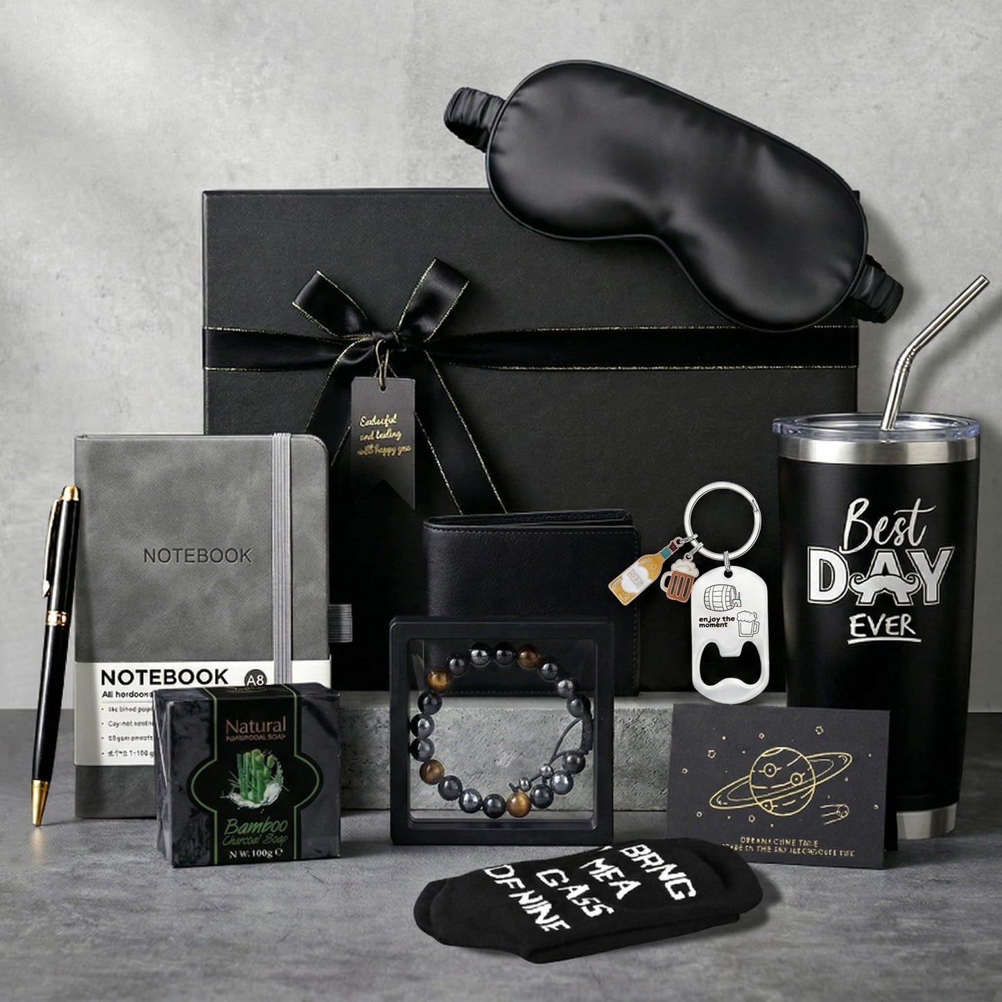 PERFECTMOFEI Gift Basket for Men - Birthday, Get Well Soon & Thank You Gifts for Him, Dad, Husband, Boyfriend Care Package with Insulated Cup, Wallet, Leather Notebook