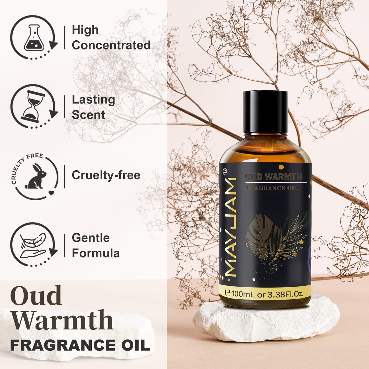 Oud Warmth Fragrance Oil Essential Oil, MAYJAM 3.38FL.OZ Oud Warmth Oil for Diffusers for Home, Long Lasting Scented Oils for Soap Candle Making - 100ML
