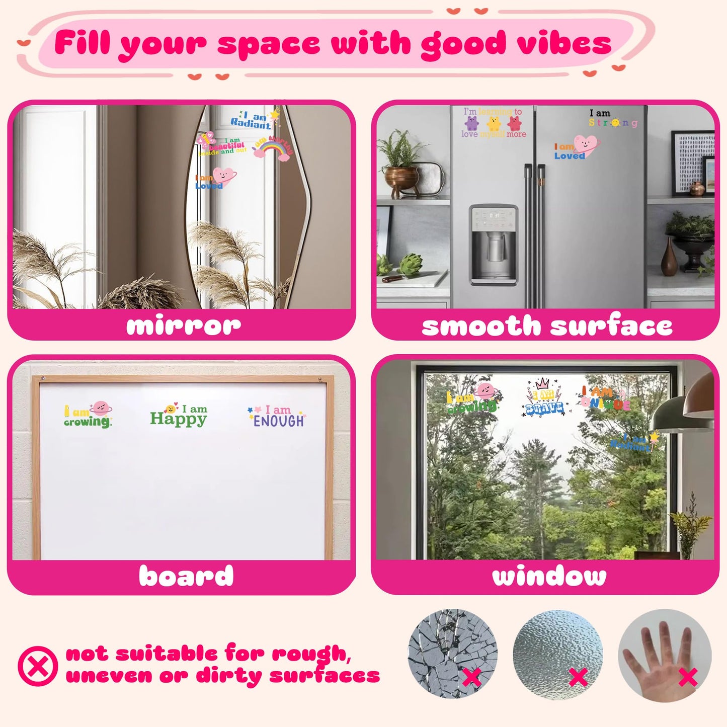 11 Positive Affirmation Mirror Stickers | Reusable Static Decals with Motivational Quotes | Teen Girl Gift for Inspirational Bathroom Mirror & Window Decor | Mental Health Sticker & Self-Love Decal