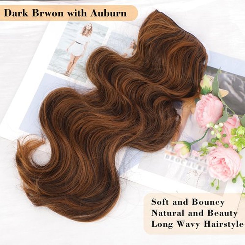 AISI BEAUTY Long Wavy Dark Brwon with Auburn Hair Extensions Clip in Synthetic Hair Extensions for Women 20 Inch 4PCS Thick Blonde Hairpiece（Dark Brwon with Auburn）
