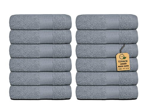 Premium Wash Cloths Pack of 12 (13" x 13" Inches)- 100% Combed Ring Spun Cotton WashCloth - Luxury Washcloths – Ultra Soft Face Towels - Highly Absorbent Wash Cloth for Face (Silver Grey)