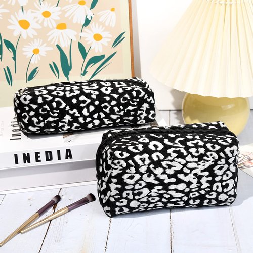 SOIDRAM Makeup Bag Cute Cosmetic Bag Leopard Print Makeup Pouch 1Pcs Large Capacity Makeup Bags and 1Pcs Makeup Brushes Storage Bag Travel Toiletry Bag Organizer