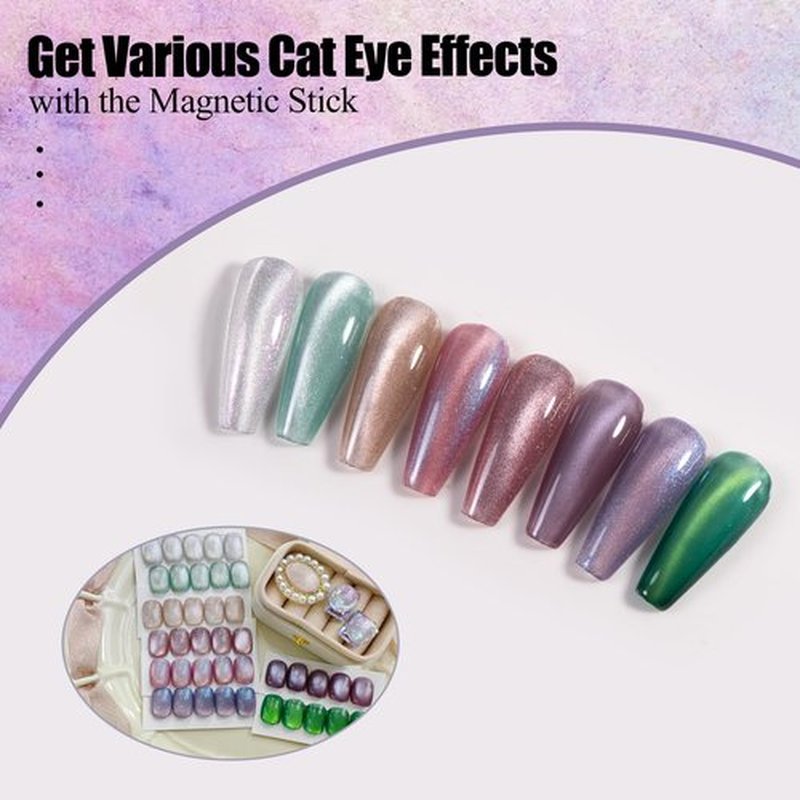Adhere 8Pcs 12ML Cat Eye Soak Off UV LED Gel Nail Polish Flower and Grass Series,Green Crystal Mint Tea Soft Pink Glitter Cat Eye with Magnet