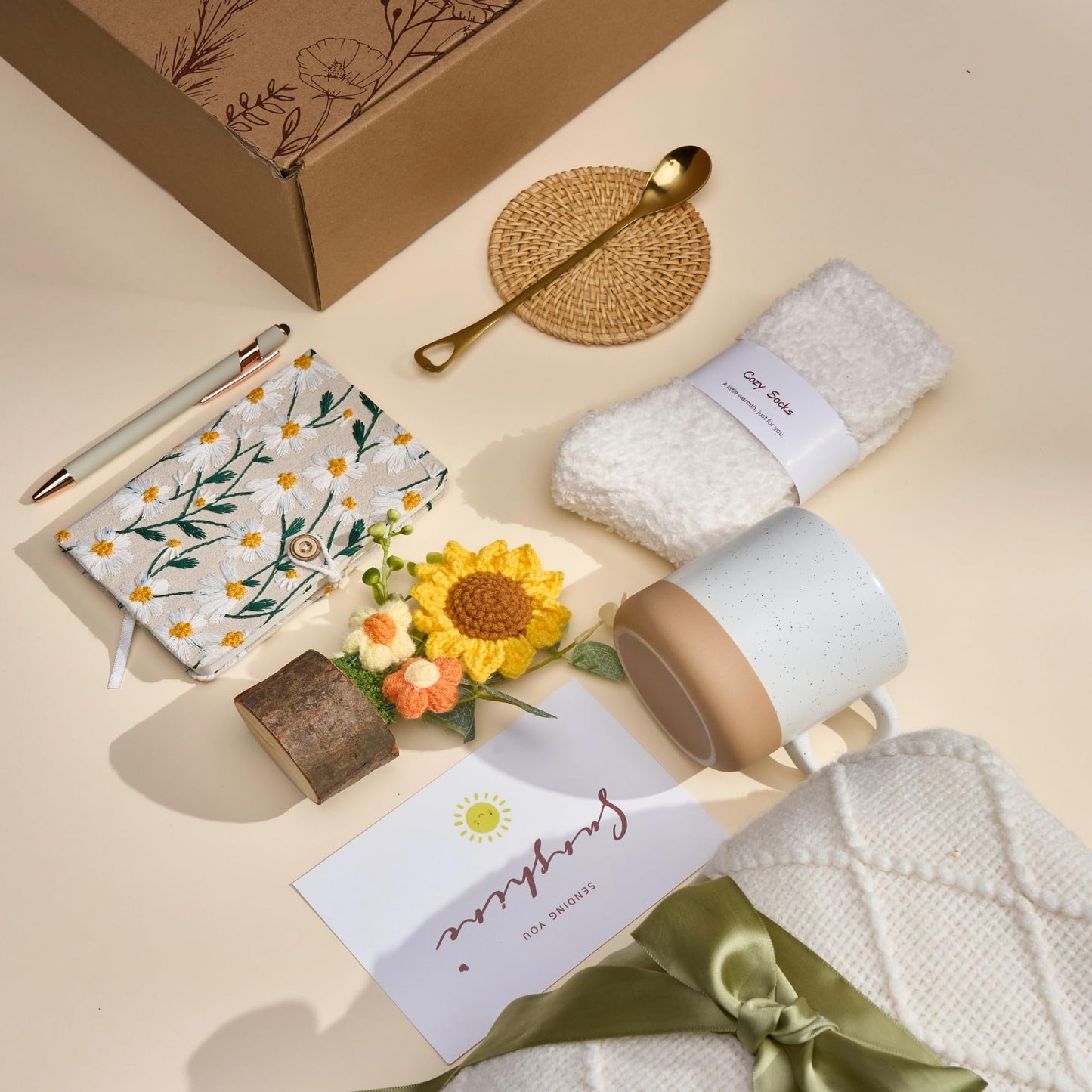 Kindre Natome Get Well Soon Gift Baskets for Women, After Surgery Recovery Care Package with Cozy Blanket & Mug, Thinking of You Feel Better Gifts, Self Care Gifts, Sunflower Sending Sunshine Box Set