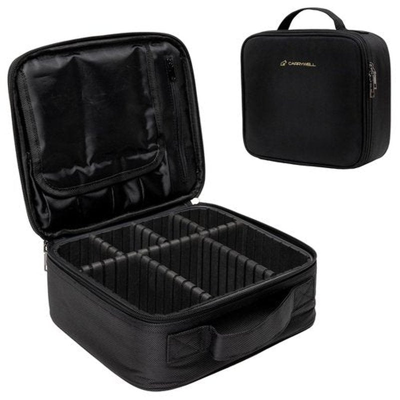 (Not Made In China) Travel Makeup Train Case, Make Up Box, Cosmetic Storage Organizer For Professional Beauty Artist W/Adjustable Dividers For Jewelry, Nail Polish and Brushes (1, Black, Small)