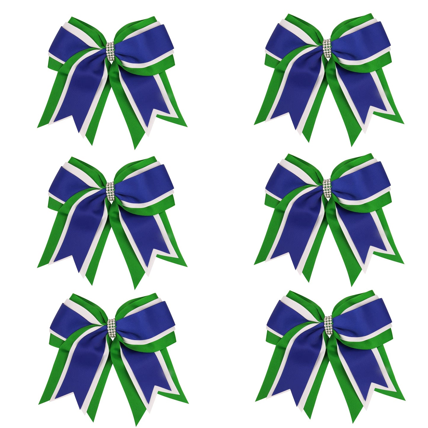 8 Inch 3 Colors 3 Layers 6 Pcs Cheerleader Bows Jumbo Cheerleading Bows Hair Elastic Hair Tie for High School College (Green/White/Royal blue)