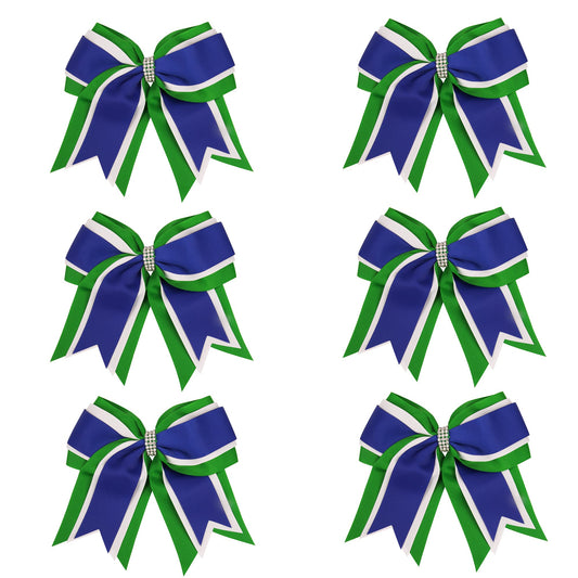8 Inch 3 Colors 3 Layers 6 Pcs Cheerleader Bows Jumbo Cheerleading Bows Hair Elastic Hair Tie for High School College (Green/White/Royal blue)