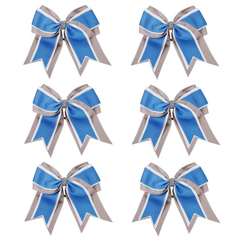 8 Inch 3 Colors 3 Layers 6 Pcs Cheerleader Bows Jumbo Cheerleading Bows Hair Elastic Hair Tie for High School College (Grey/White/Columbia blue)