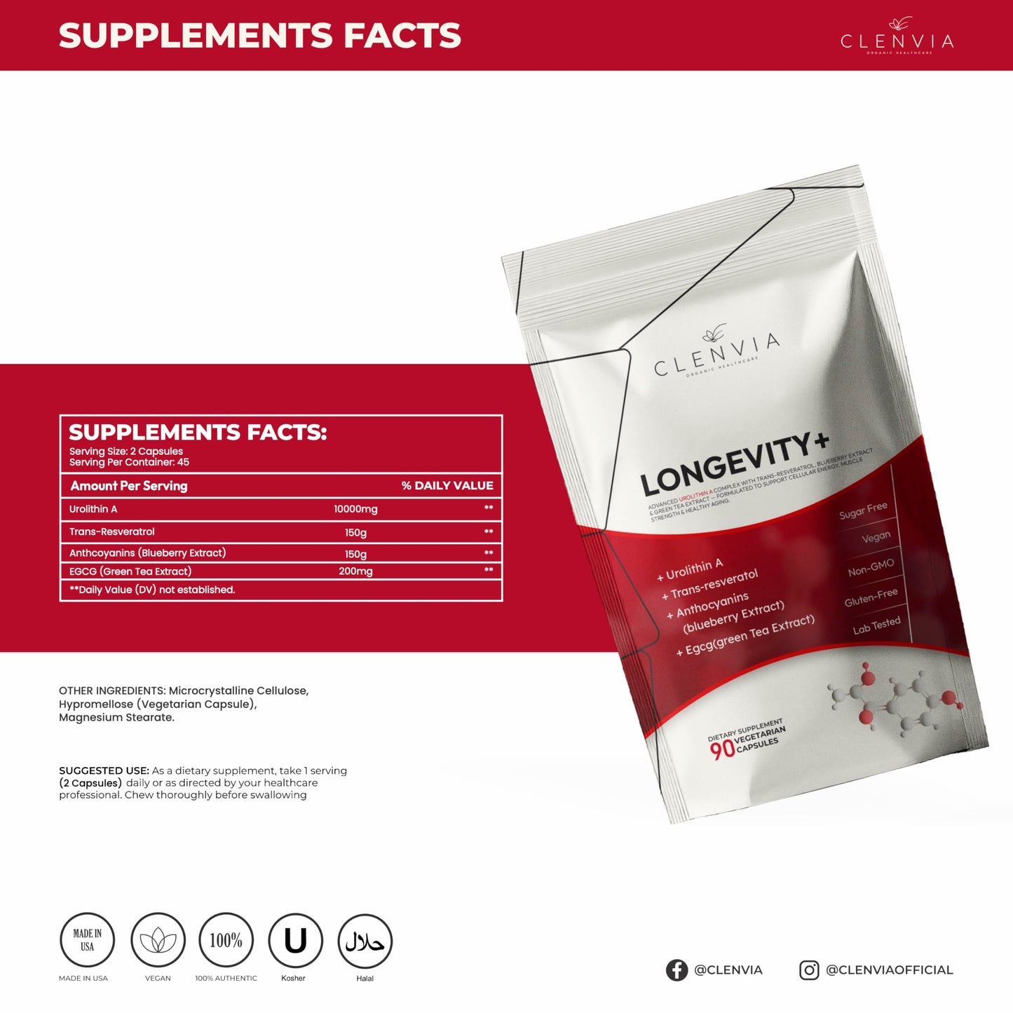 CLENVIA Longevity+ Urolithin A Supplement – Urolithin A+ with Trans-Resveratrol, Blueberry Extract & Green Tea EGCG – Cellular Energy, Muscle Strength & Healthy Aging – Vegan, Non-GMO, 90 Capsules