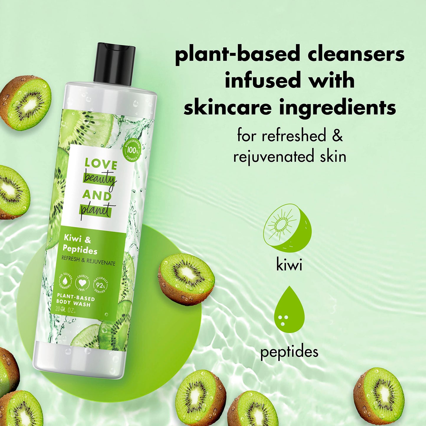 Love Beauty and Planet Plant-Based Body Wash Refresh and Rejuvenate Skin Kiwi and Peptides Made with Plant-Based Cleansers and Skin Care Ingredients, 100% Biodegradable 20 fl oz