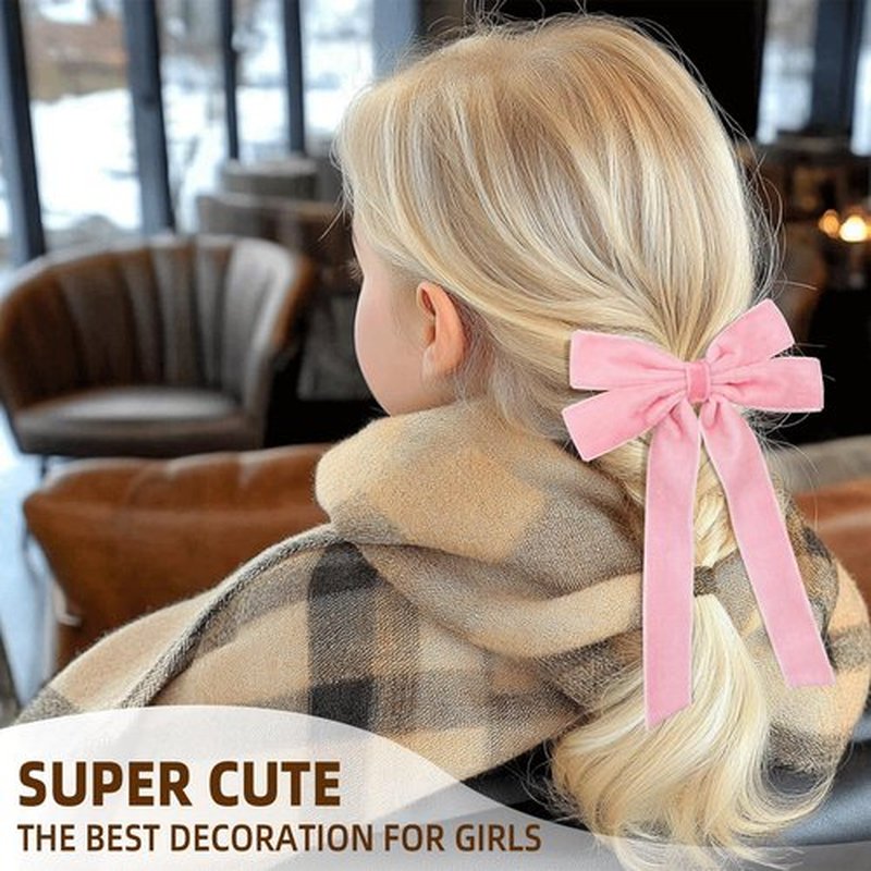 2PCS Pink Hair Bows Soft Velvet Bow Hair Clip with Long Tail Hair Accessories for Women Girls Toddlers