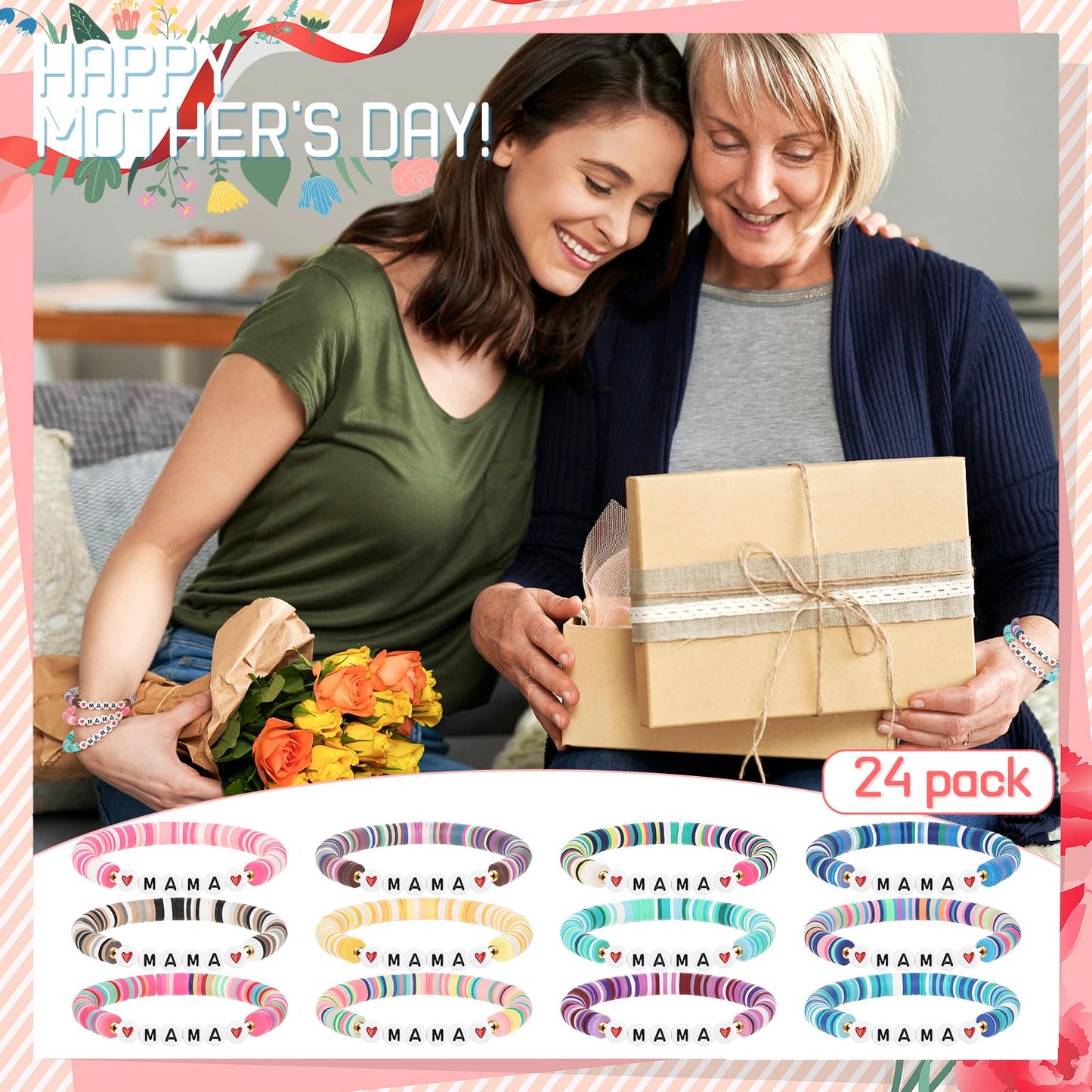Huquary 24 Mama Bracelet Gifts Bulk Christian Gift for Mom Clay Bracelets for Church Women Mom Group Mothers Day Party Favors(24 Pcs,Colorful)