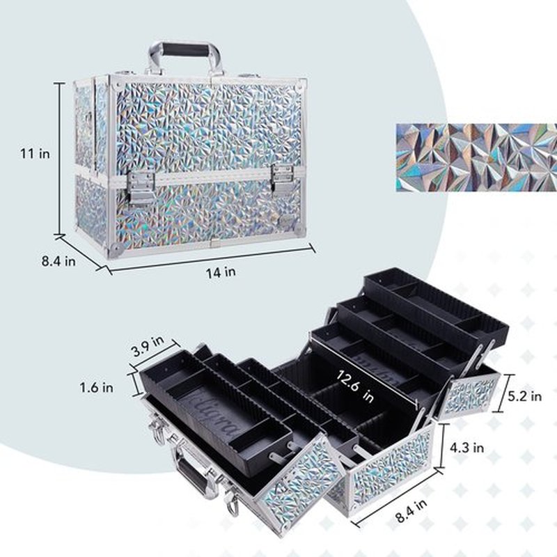 Joligrace Makeup Train Case Large 6 Tray Professional Organizer Box - Cosmetic Make Up Carrier with Lock & Key Carrying Strap for Studio Artist & Stylist Silver - Holographic Iridescent Style
