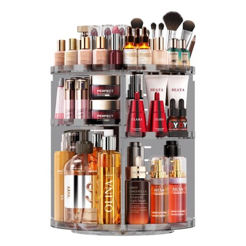 Auxmir Rotating Makeup Organizer, DIY 9 Adjustable Layers Spinning Skincare Organizer, Cosmetic Organizer with Brush Holder Perfume Tray, Multi-Function Storage Carousel for Vanity Bathroom Countertop