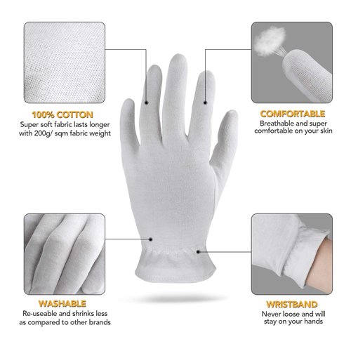 XS Extra Small 20 Pairs 100% Premium Cotton Gloves for Dry Hands | Moisturizing Overnight Gloves for Eczema, Psoriasis & Skin Spa Treatment for Women & Men | Washable & Reusable with Free Laundry Bag