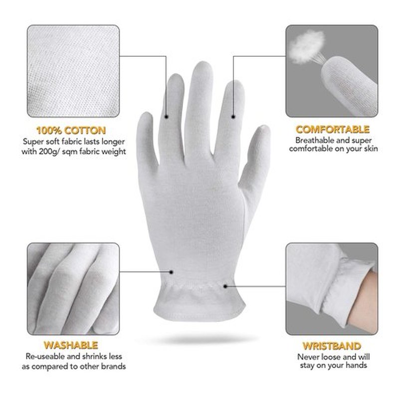 XS Extra Small 5 Pairs 100% Premium Cotton Gloves for Dry Hands | Moisturizing Overnight Gloves for Eczema, Psoriasis & Skin Spa Treatment for Women & Men | Washable & Reusable with Free Laundry Bag