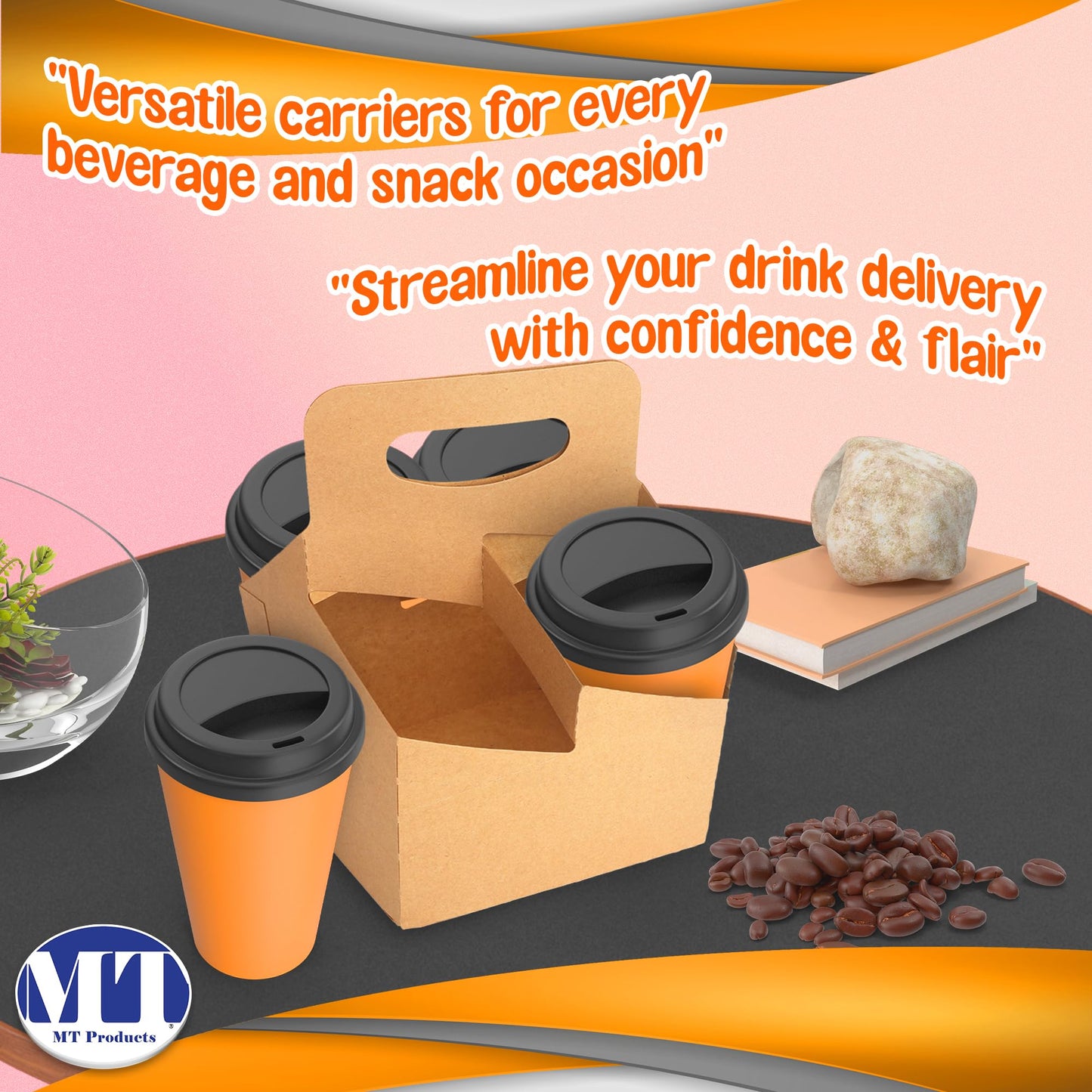 MT Products Kraft 4 Cups Drink Carrier 6.5" x 6.5" x 9" - Disposable Drink Holder (Pack of 30) - Made in the USA