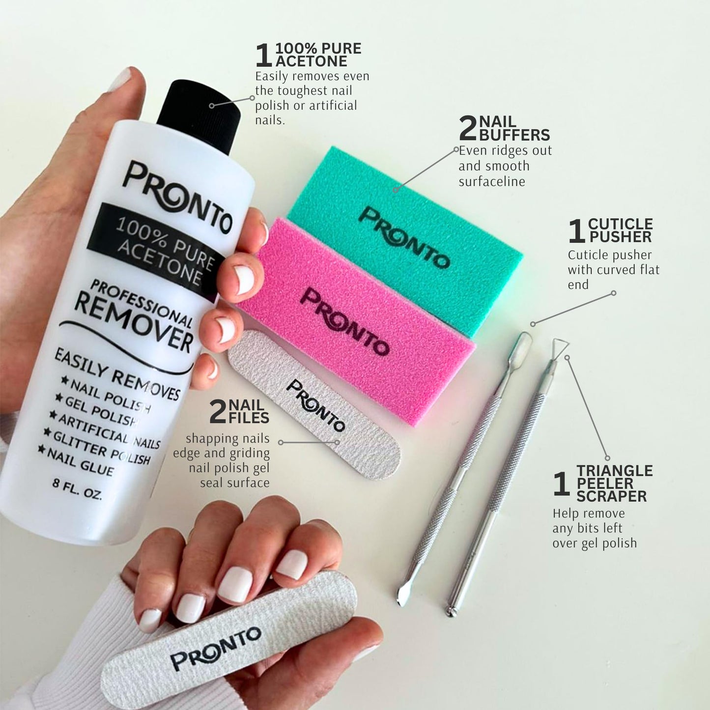 Pronto Gel Nail Polish Remover Kit – 8 Oz Pure Acetone 100 Percent, Nail File, Nail Polish Soak Off Bowl, Cuticle Oil for Nail Care + Manicure Set with Nail Buffer Block, Cuticle Pusher & Nail scraper