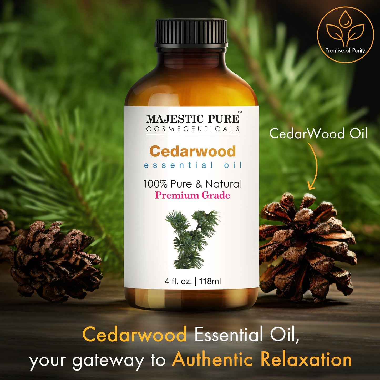 Majestic Pure Essential Oil with Glass Dropper - 100% Pure and Natural - Essential Oils for Diffuser, Aromatherapy, Soap and Candle Making, Cedarwood Essential Oil, Cedarwood Oil, 4 Fl Oz