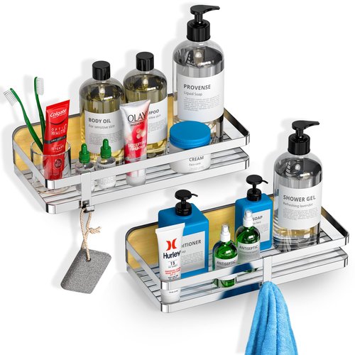 ROYAL CRAFT WOOD Shower Caddy Shelf 2-Pack - Adhesive, No-Drill, Rustproof Bathroom Organizer, Large Capacity Shower Shelves