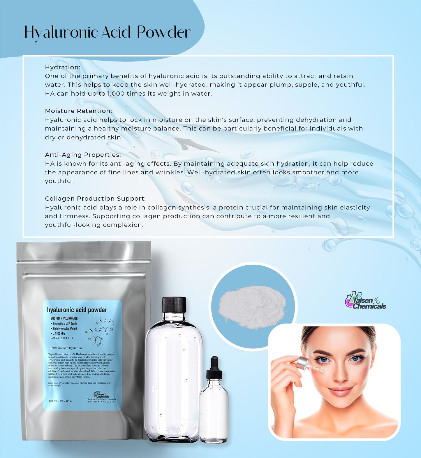 Talsen Chemicals Pure Hyaluronic Acid Powder (1 oz. / 28 grams) 1800 kDa+ Natural Cosmetic Grade, Hyaluronic Acid High Molecular Weight Powder, DIY Serums