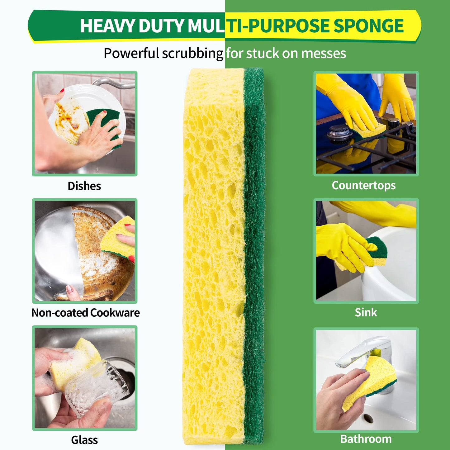 HOMERHYME Heavy Duty Scrub Sponge 24 Pack, Eco Cellulose Kitchen Dish Sponge Multipurpose Ergonomic for Washing Dishes, Uncoated Cookware & Household Cleaning.