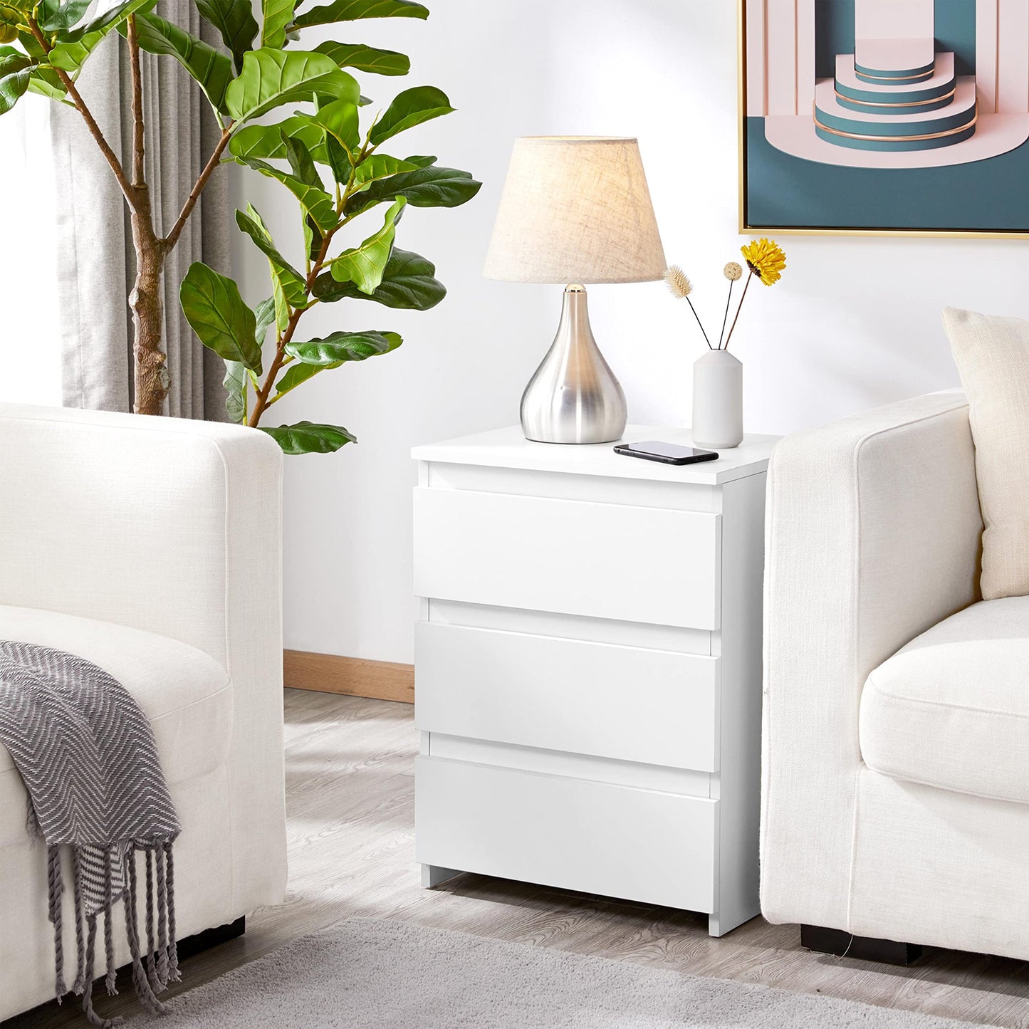 Yaheetech Nightstand with 3 Drawers, Wooden Bedside Table with Storage, Bedside Storage Cabinet Unit with Sturdy Base for Bedroom/Small Space, White