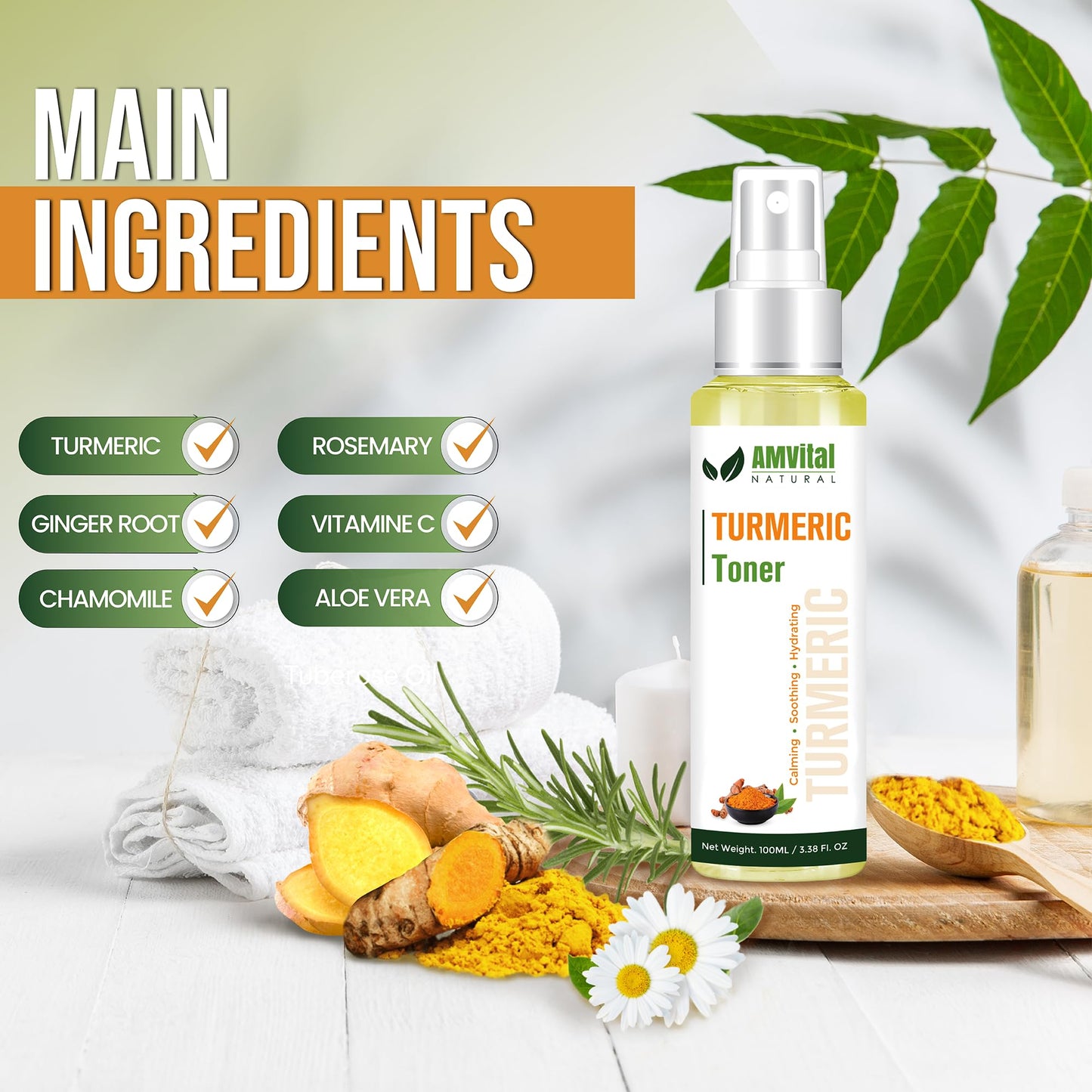 AMVital Turmeric Facial Toner Spray with Aloe, 3.38 fl oz
