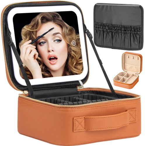 Extrei Gent Makeup Travel Train Case with Mirror LED Light 3 Adjustable Brightness Cosmetic Bag Portable Storage Adjustable Partition Waterproof Makeup Brushes Makeup Jewelry Gift for Women (Brown)