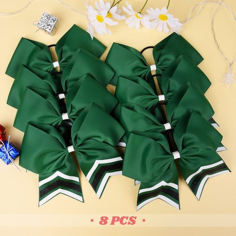DEEKA 8PCS Large Glitter Cheer Bows Shiny 7" Cheer Hair Bows Ponytail Holder Handmade for Cheerleader Girls Softball Sports -Green/g Black