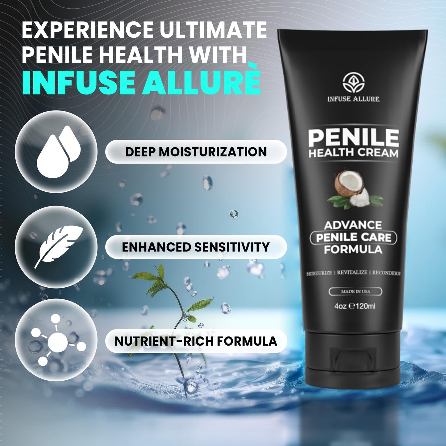 Infuse Allurè Men's Intimate Comfort Cream - Hydrating Personal Care Moisturizer for Dryness & Chafing Relief - Non-Greasy, Fast Absorbing Below The Belt Lotion 4oz 120ml