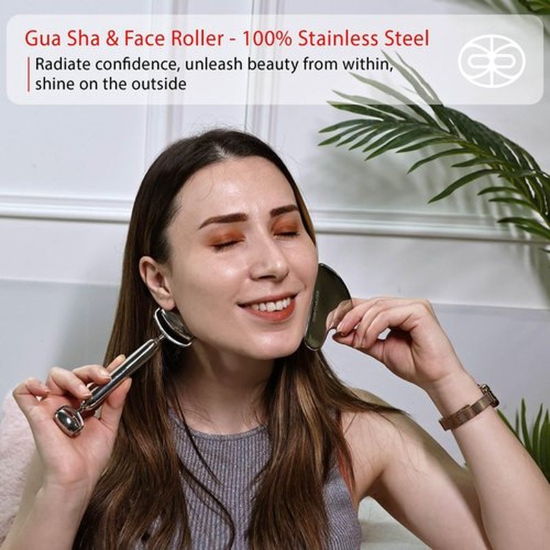 Rena Chris Face Roller & Gua Sha Set, Stainless Steel Massage Tools for Jawline Sculpting and Puffiness Reducing, Beauty & Skincare